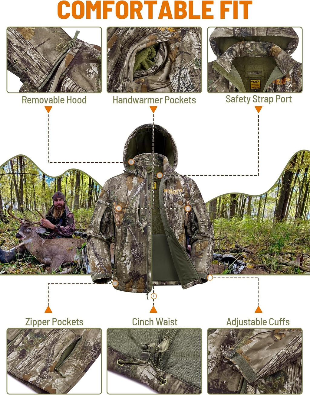 Camo Hunting Jackets for Men, Warm Fleece Lined Hunting Jacket with Hood, Quiet Water Resistant Hunting Clothes