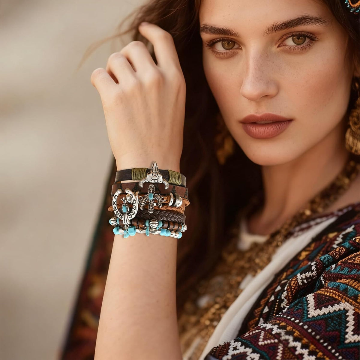 Western Bracelet for Women,Bohemian Cowgirl Turquoise Beaded Stretch Bracelets,Vintage Stackable Bull Head Cowboy Boots Feather Bracelets Set,Country Ethnic Western Jewelry Accessories for Women Men