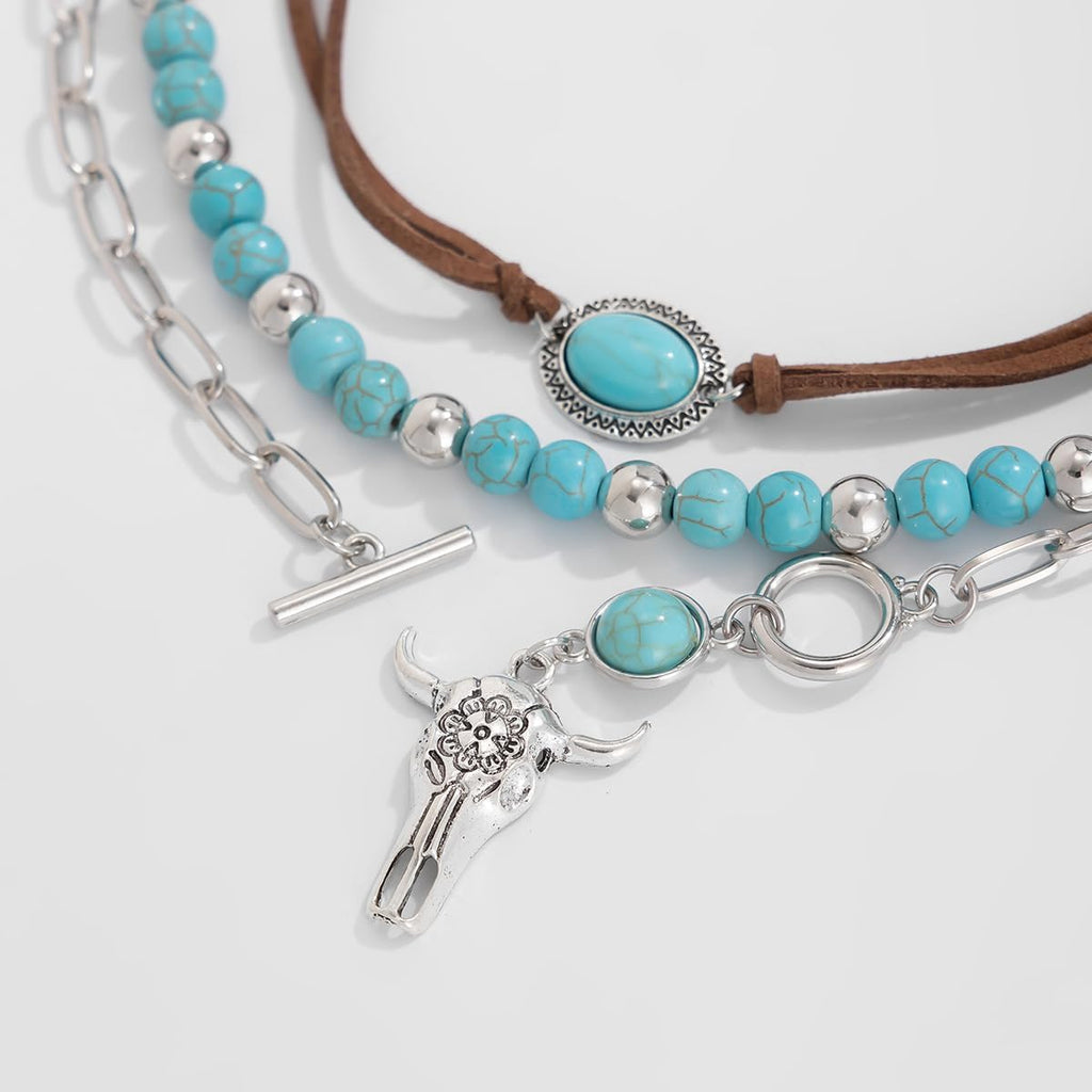Western Choker Necklaces for Women Vintage Layered Turquoise Beaded Western Jewelry Boho Ox-Head Cactus Cross Chain Choker Native Tribal Cowgirl Dresses Accessories (Style-A)
