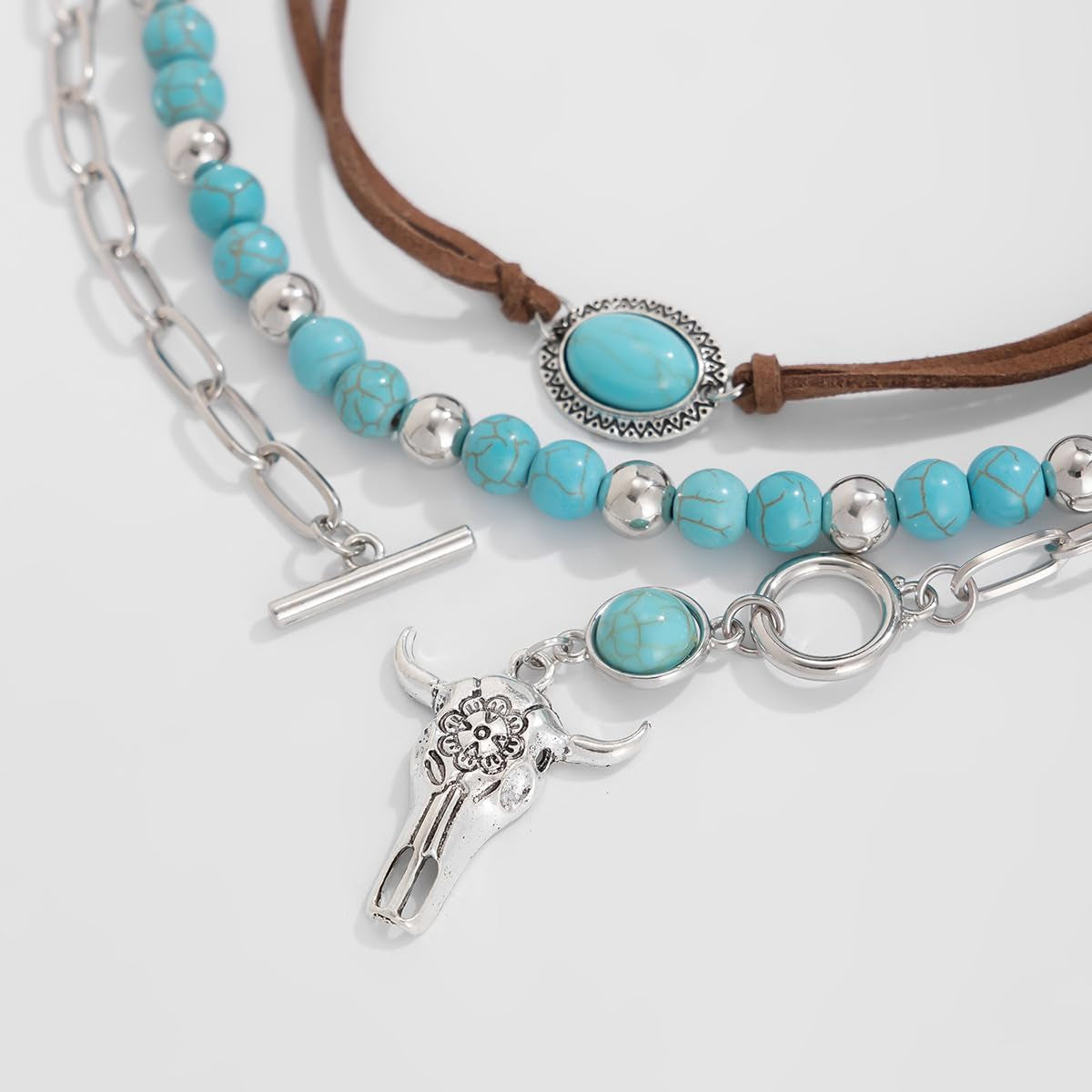 Western Choker Necklaces for Women Vintage Layered Turquoise Beaded Western Jewelry Boho Ox-Head Cactus Cross Chain Choker Native Tribal Cowgirl Dresses Accessories (Style-A)