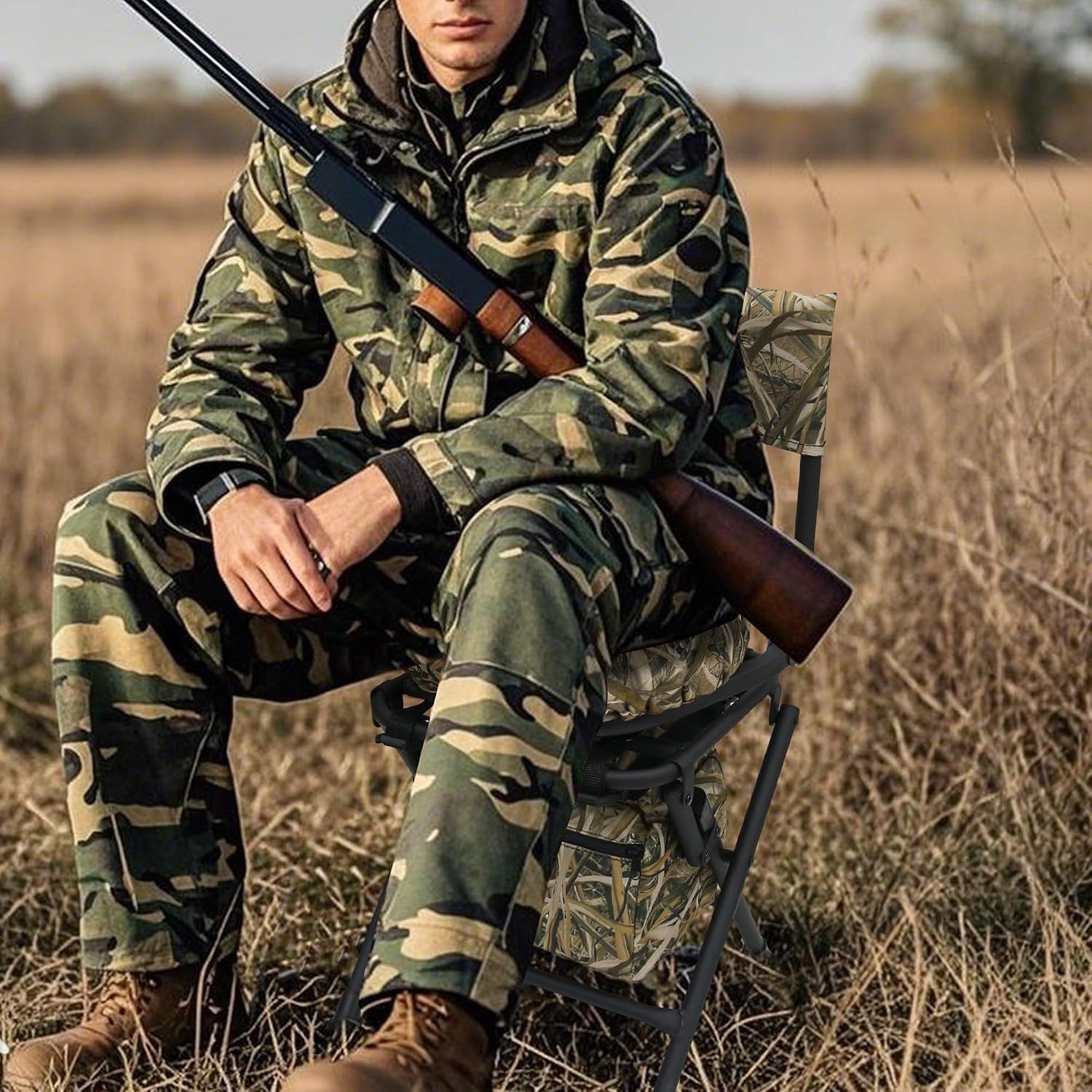 360 Degree Swivel Hunting Chair for Ground Blinds, Folding Hunting Seat, Fishing Chair, Lightweight, Portable, Padded Cushion for Dove Deer Hunting, Fishing, Camping(No. 3 Reed Camo)