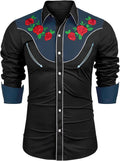 Men'S Cowboy Shirtss Embroidered Rose Design Shirts Western Long Sleeve Button down Shirts