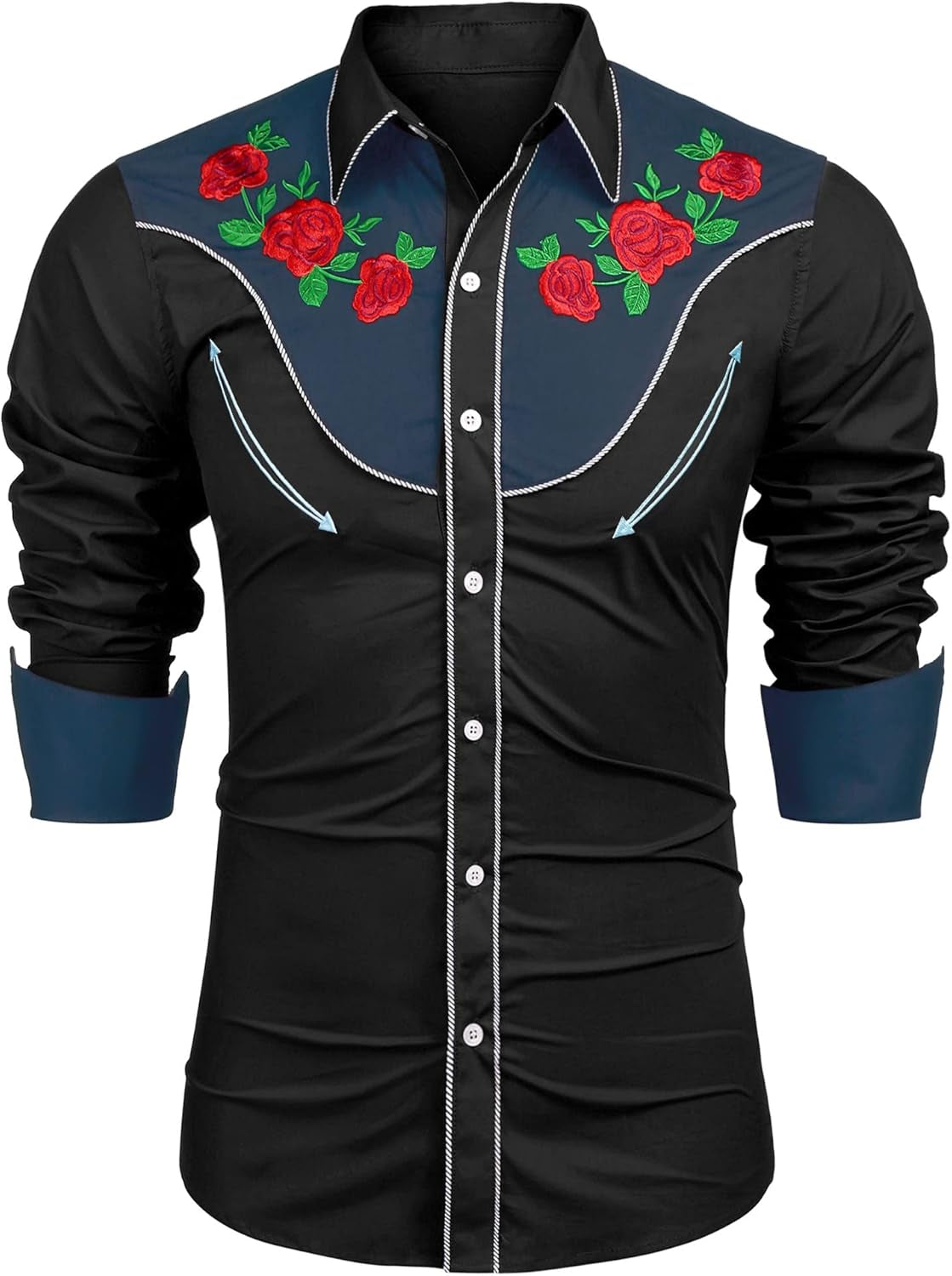 Men'S Cowboy Shirtss Embroidered Rose Design Shirts Western Long Sleeve Button down Shirts
