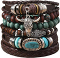 Western Bracelet for Women,Bohemian Cowgirl Turquoise Beaded Stretch Bracelets,Vintage Stackable Bull Head Cowboy Boots Feather Bracelets Set,Country Ethnic Western Jewelry Accessories for Women Men