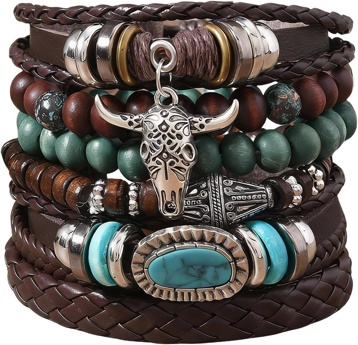 Western Bracelet for Women,Bohemian Cowgirl Turquoise Beaded Stretch Bracelets,Vintage Stackable Bull Head Cowboy Boots Feather Bracelets Set,Country Ethnic Western Jewelry Accessories for Women Men