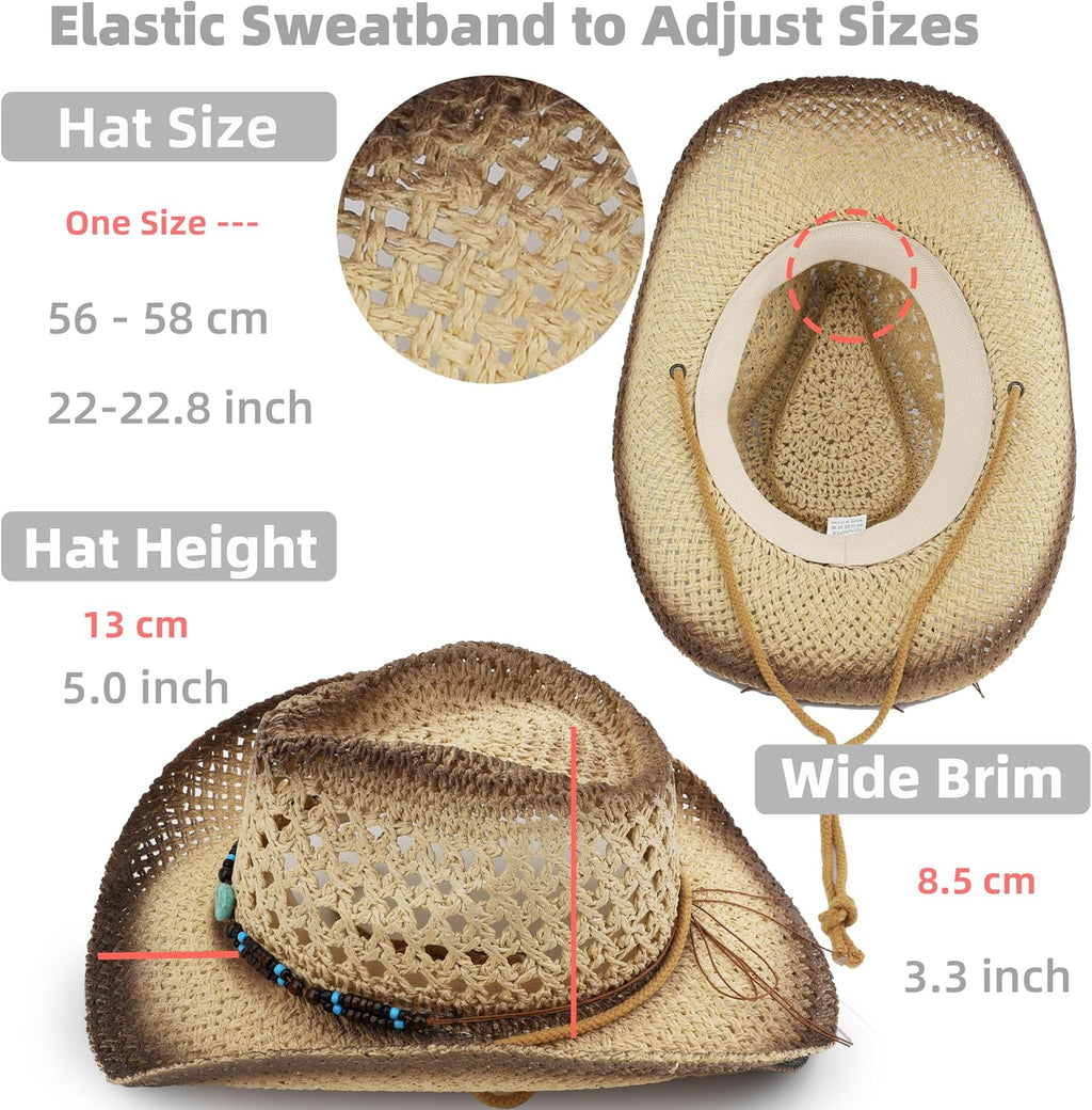 Straw Sun Cowboy Hat for Women and Men, Breathable Concert Rodeo Western Cowgirl Hat, Classic Cattleman Style