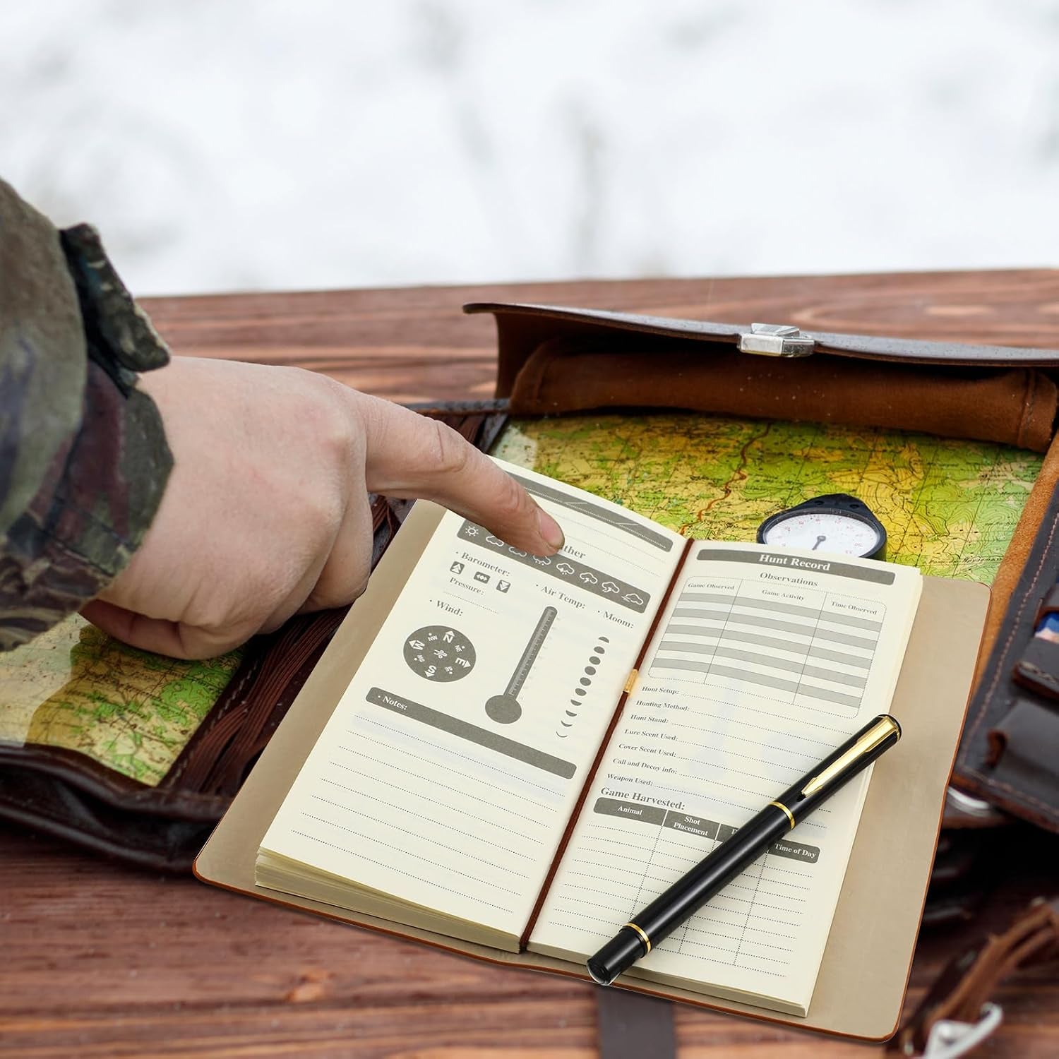 Hunting Log Book with Pen Leather Hunting Journal Book Pocket Elk Hunting Log Book Hunting Gifts for Men Designed for Huntsman to Record Hunt Details, 96 Pages (Brown)