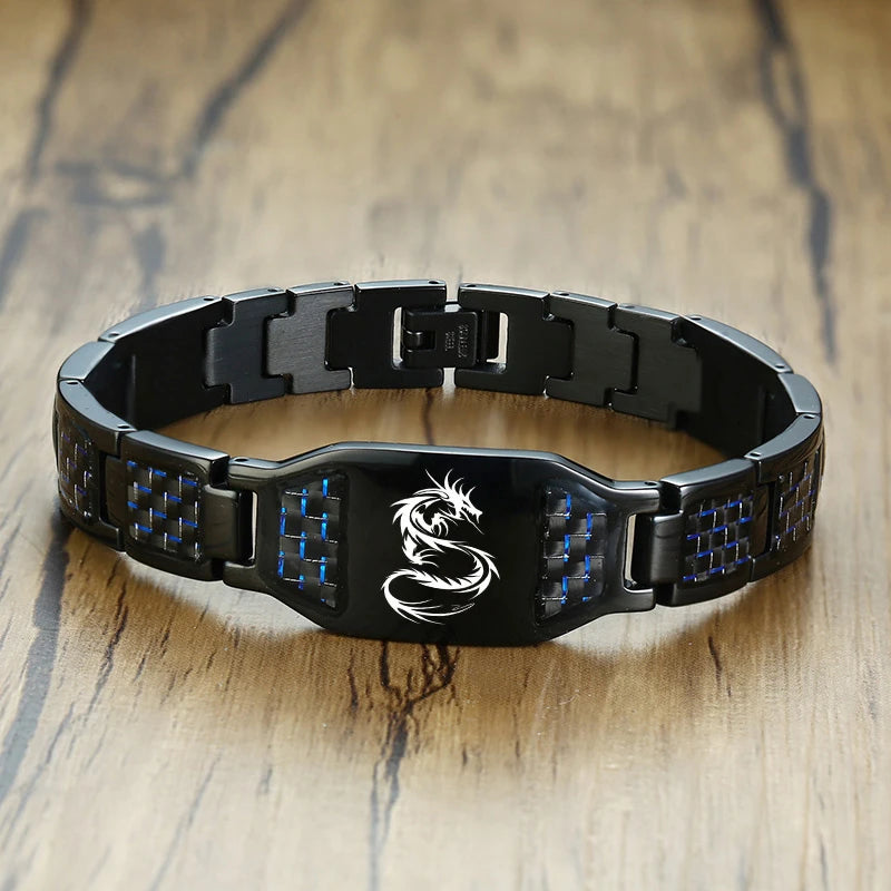 Engravable Dragon Scorpion Wolf Carbon Fiber Male Bracelets Personalize Men ID Bracelet Stainless Steel Jewelry to Father Gift