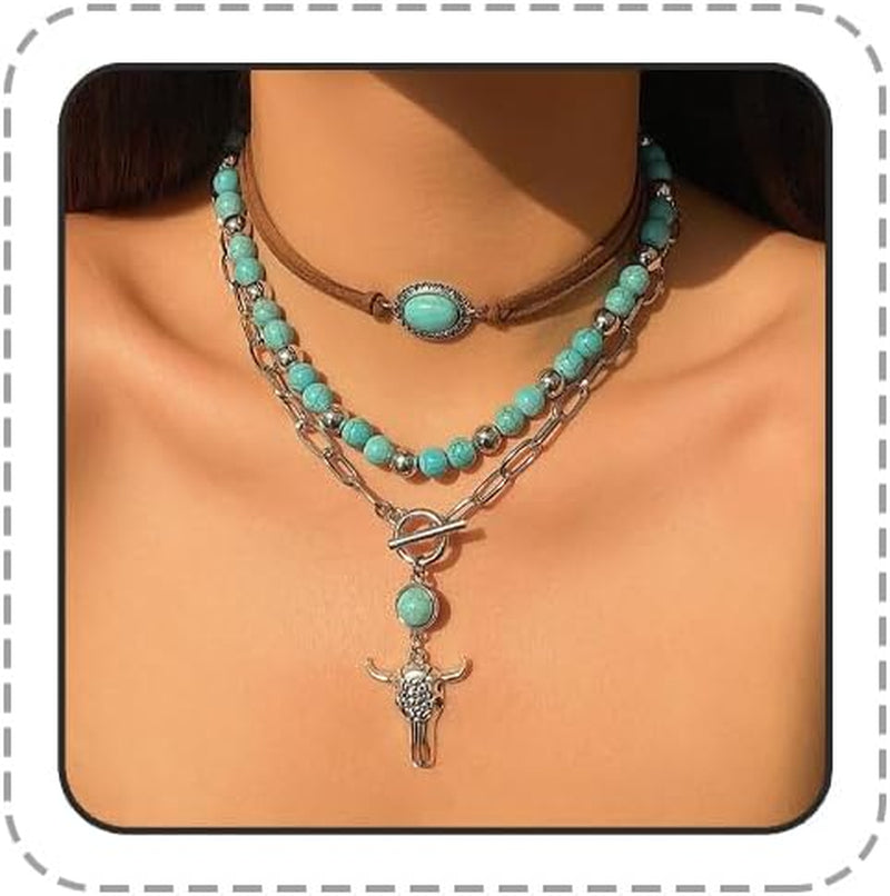 Western Choker Necklaces for Women Vintage Layered Turquoise Beaded Western Jewelry Boho Ox-Head Cactus Cross Chain Choker Native Tribal Cowgirl Dresses Accessories (Style-A)