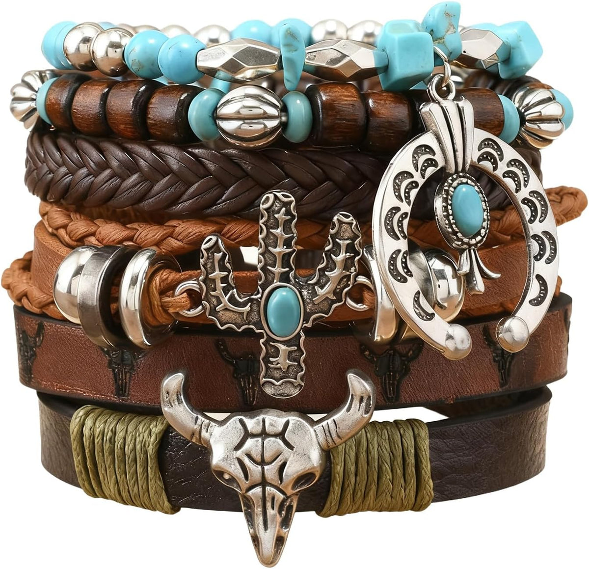 Western Bracelet for Women,Bohemian Cowgirl Turquoise Beaded Stretch Bracelets,Vintage Stackable Bull Head Cowboy Boots Feather Bracelets Set,Country Ethnic Western Jewelry Accessories for Women Men