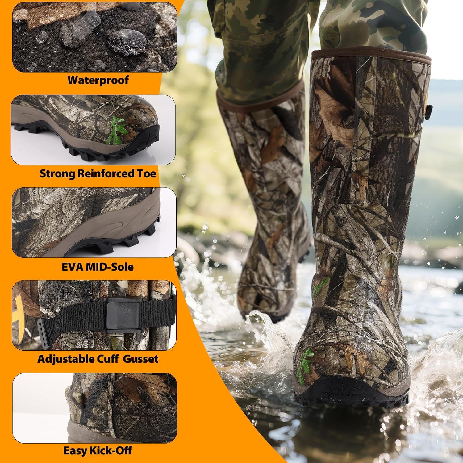 Hunting Boots for Men, Waterproof Insulated 6Mm Neoprene Rubber Boots for Hunting and Outdoor Activities (Camo)