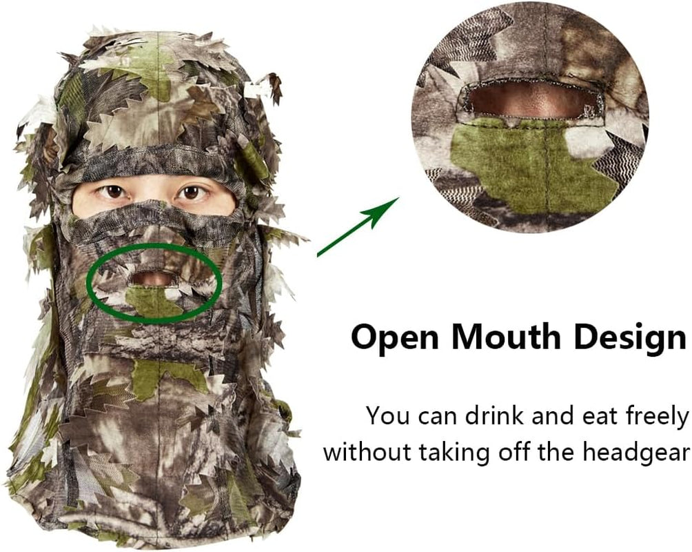 Hunting Camo Mask Full Face Covering, Ghillie Camouflage 3D Leafy Headwear Breathable Adjustable