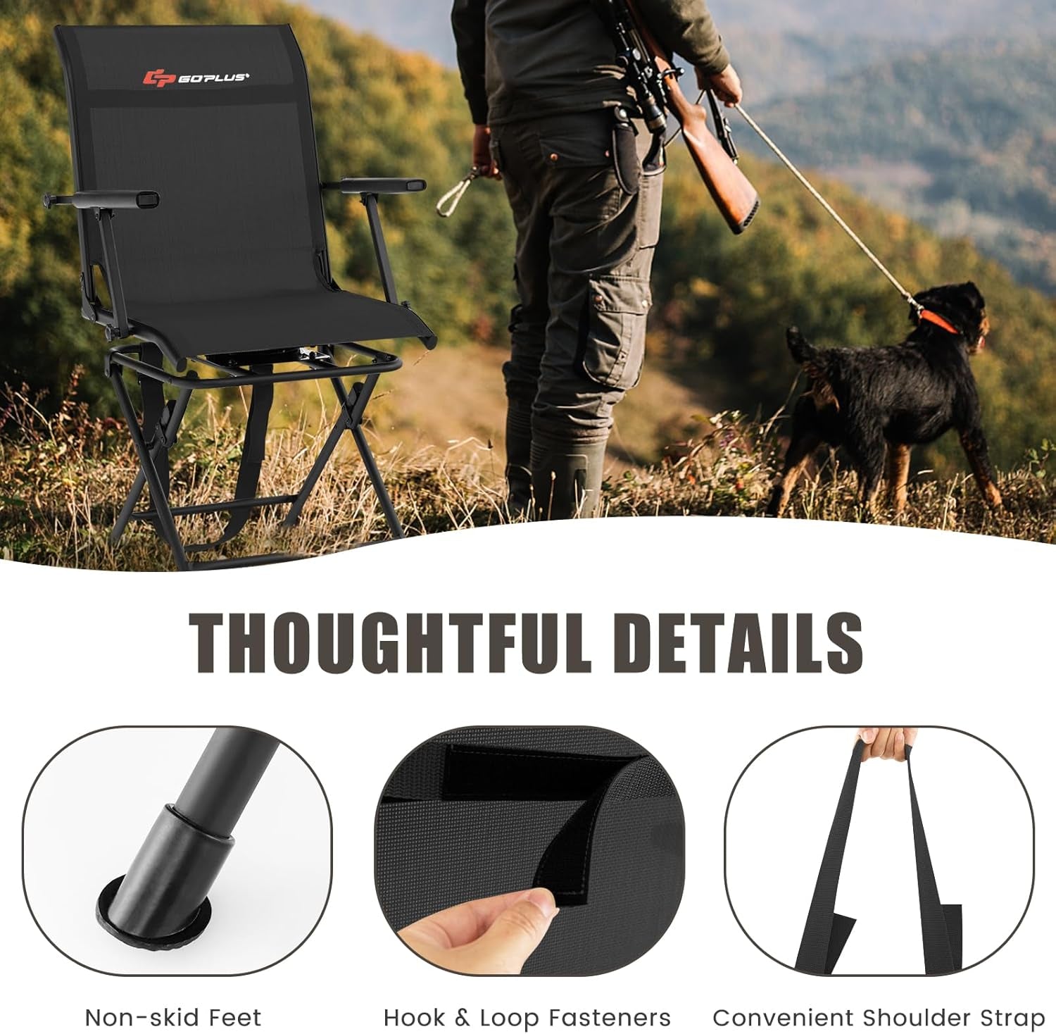 Hunting Chair, 360° Swivel Folding Hunting Blind Chair with Carrying Strap, 330LBS Capacity, Portable Deer Hunting Stool, Silent Ground Dove Hunting Chair, No Assembly