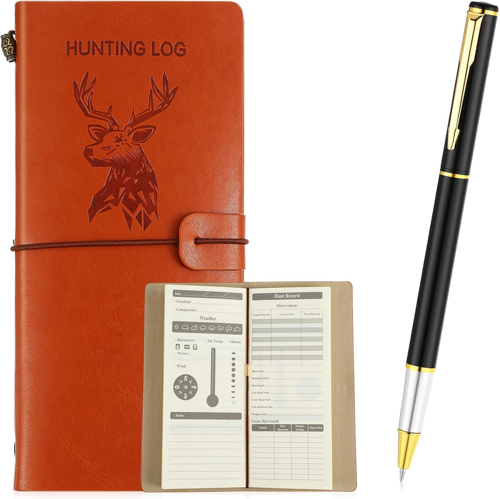 Hunting Log Book with Pen Leather Hunting Journal Book Pocket Elk Hunting Log Book Hunting Gifts for Men Designed for Huntsman to Record Hunt Details, 96 Pages (Brown)