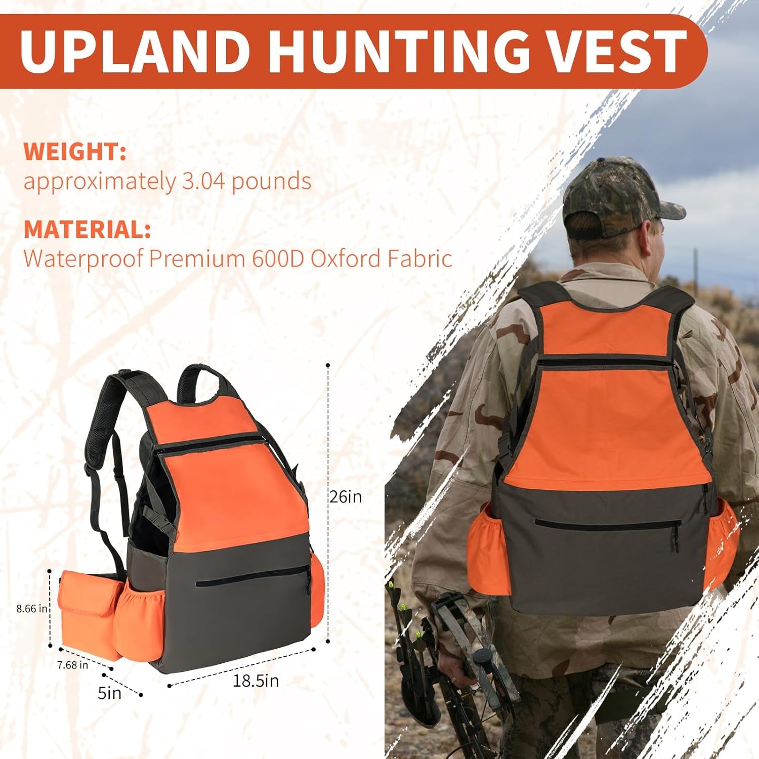 Upland Hunting Vest Backpack Adjustable Upland Bird Game Vest for Men Orange Hunting Vest for Outdoor Pheasant Hunting