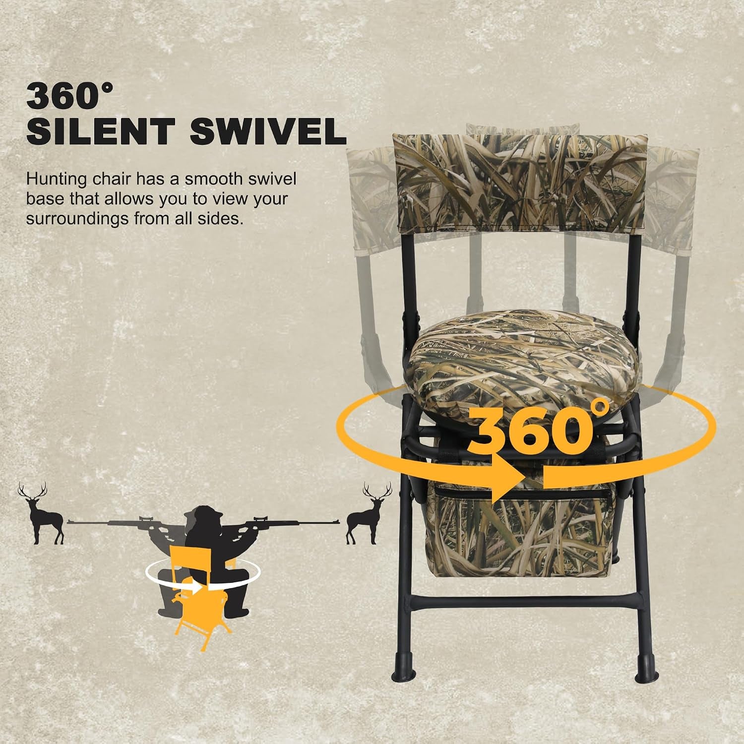 360 Degree Swivel Hunting Chair for Ground Blinds, Folding Hunting Seat, Fishing Chair, Lightweight, Portable, Padded Cushion for Dove Deer Hunting, Fishing, Camping(No. 3 Reed Camo)