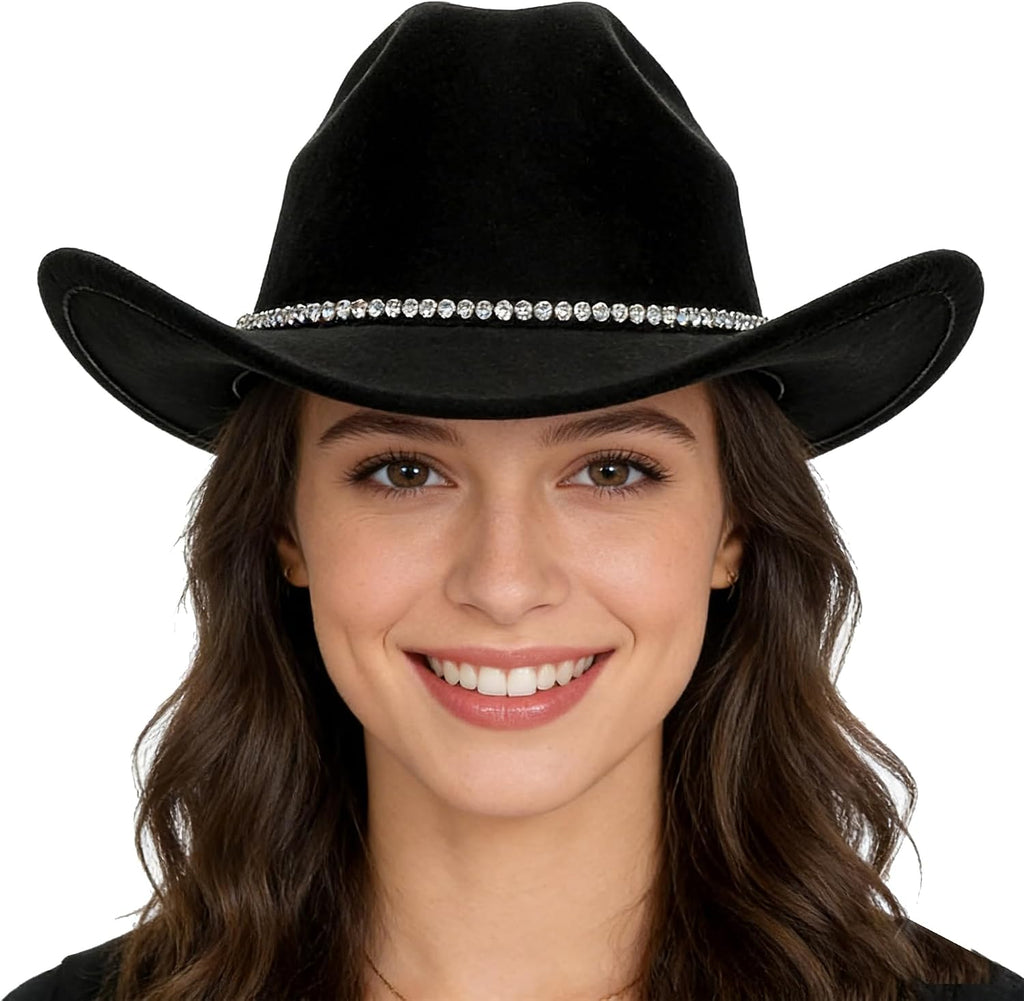 Women Sparkly-Rhinestone Western-Cowgirl-Hat Glitter-Bling Cowboy-Hat Felt-Rodeo-Hat for Disco-Party Medium/Large