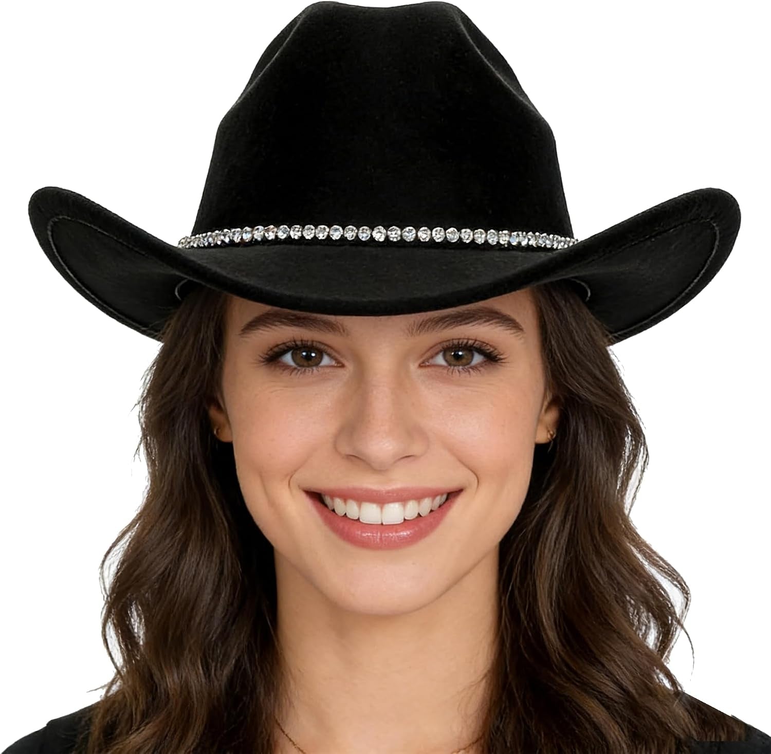 Women Sparkly-Rhinestone Western-Cowgirl-Hat Glitter-Bling Cowboy-Hat Felt-Rodeo-Hat for Disco-Party Medium/Large