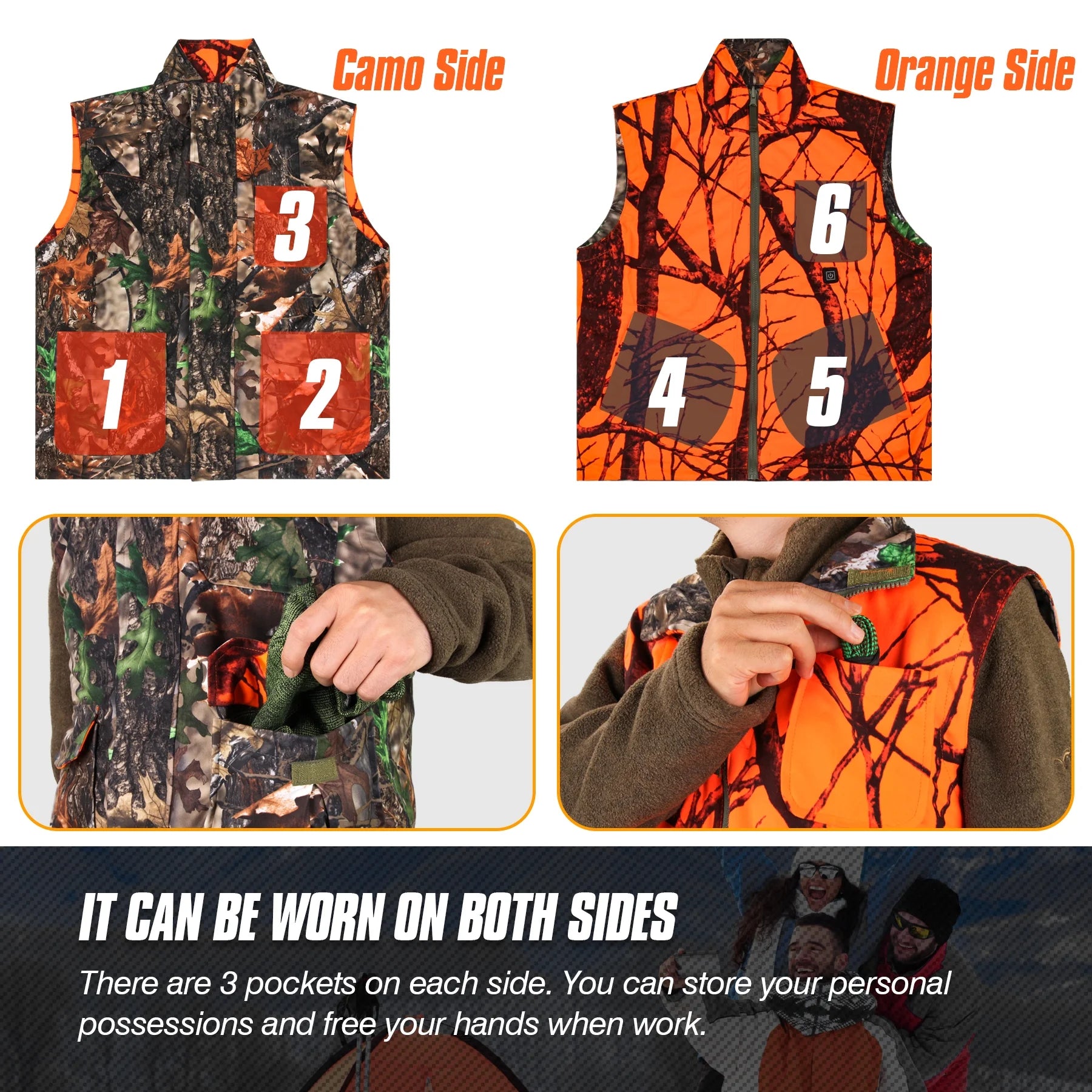 Hunting Heated Vest, Camo Orange Reversible Vest, Game Vest Jacket for Hunting, Lightweight Heating Vest (L)