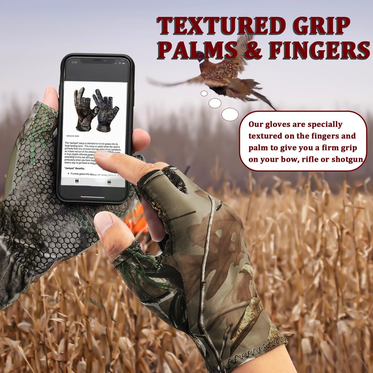 Camo Hunting Gloves Fingerless Turkey Hunting Glove Lightweight Anti-Slip Fishing Gloves Outdoor Hunting Camouflage Gear Archery Accessories for Men Women