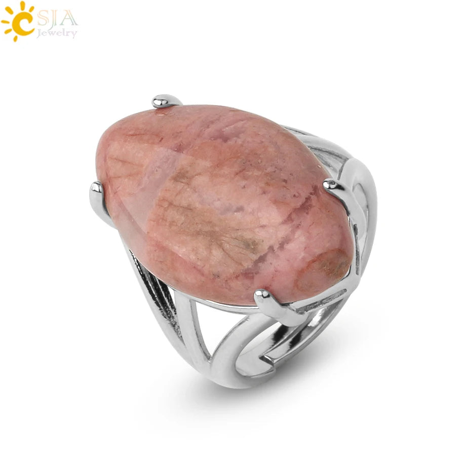 CSJA Crystal Rings Natural Stone Ring for Women Men Adjustable Healing Pink Quartz Lapis Lazuli Opal Turquoise Finger Rings G574