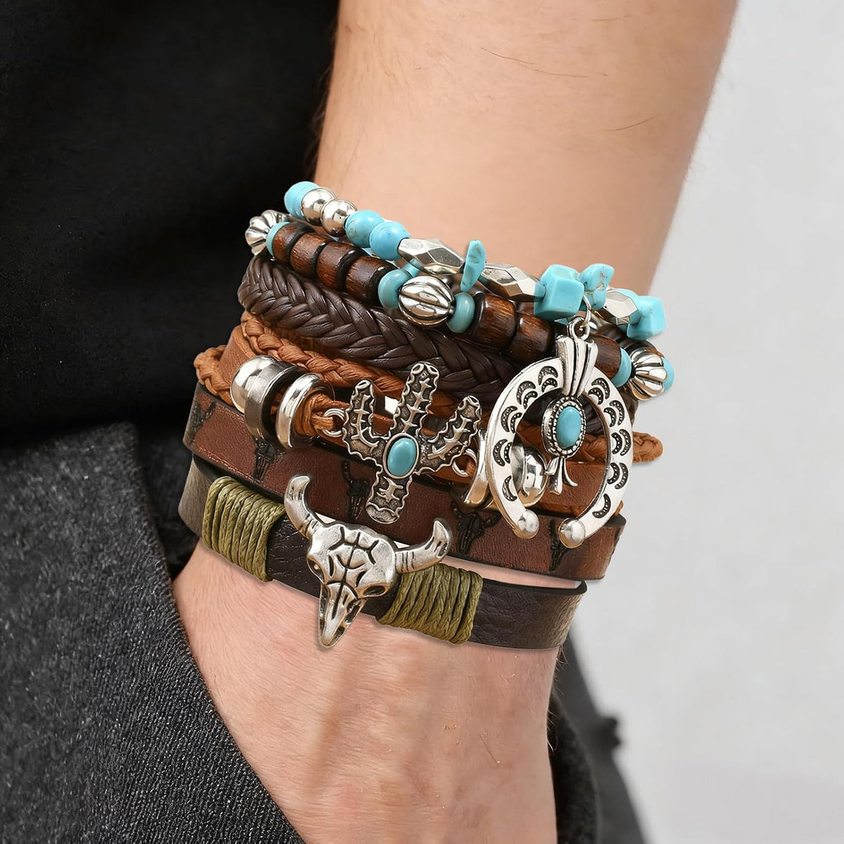 Western Bracelet for Women,Bohemian Cowgirl Turquoise Beaded Stretch Bracelets,Vintage Stackable Bull Head Cowboy Boots Feather Bracelets Set,Country Ethnic Western Jewelry Accessories for Women Men