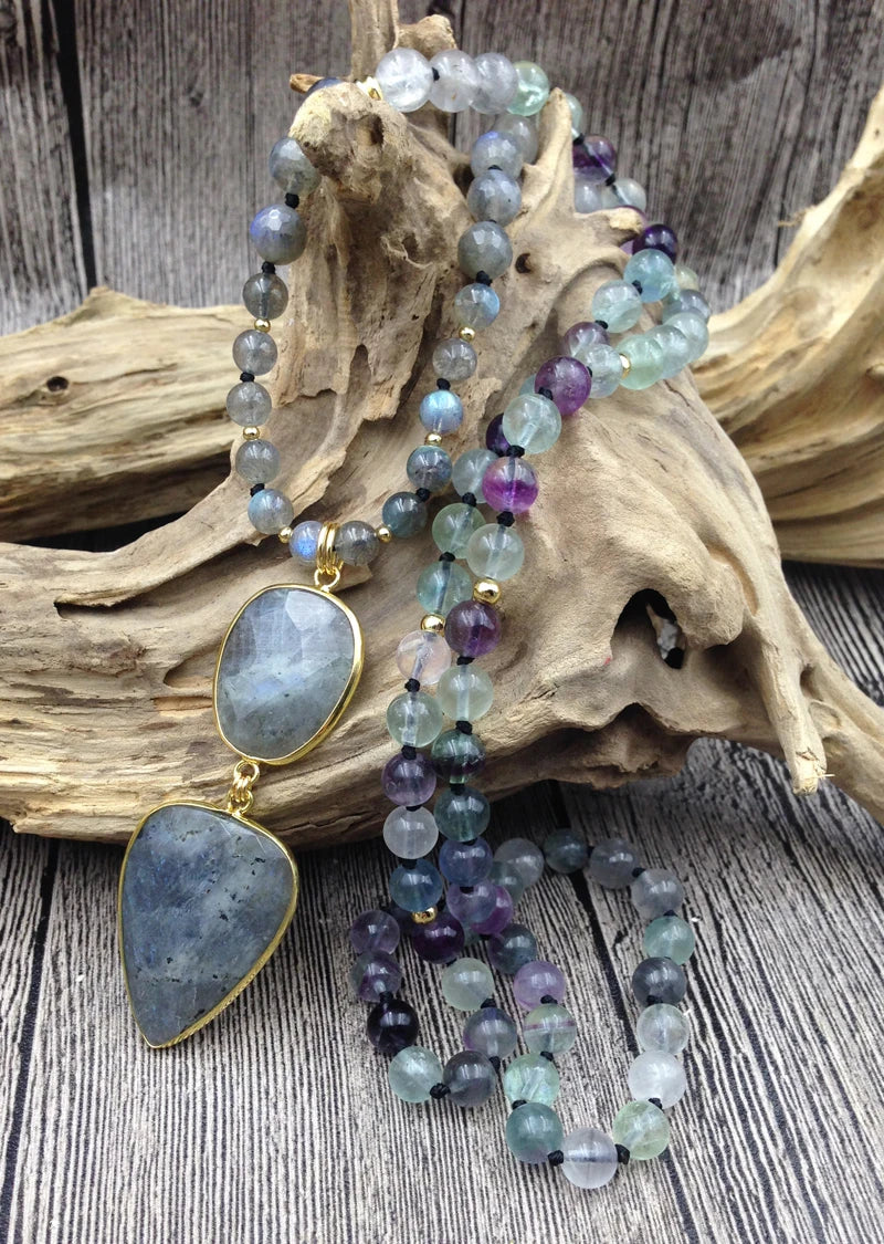 YA2737 Labradorite Pendant Stone Fluorite Beads Knot Handmade Necklace