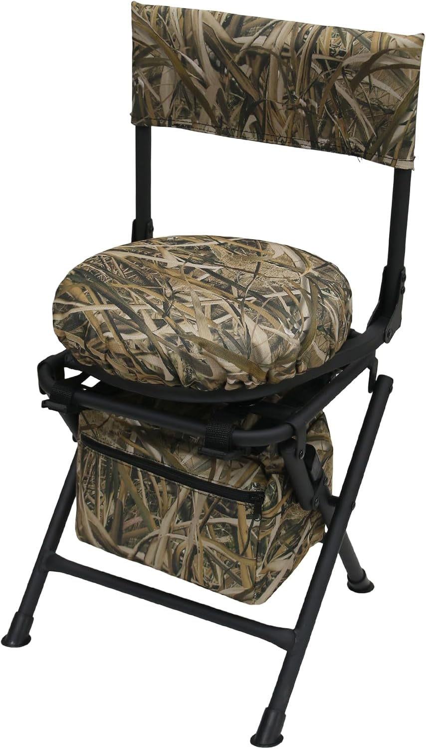 360 Degree Swivel Hunting Chair for Ground Blinds, Folding Hunting Seat, Fishing Chair, Lightweight, Portable, Padded Cushion for Dove Deer Hunting, Fishing, Camping(No. 3 Reed Camo)