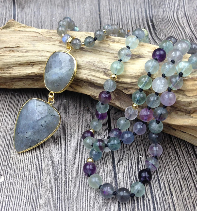 YA2737 Labradorite Pendant Stone Fluorite Beads Knot Handmade Necklace