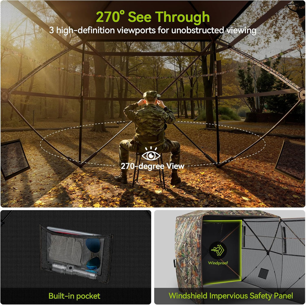 Hunting Blind 270°/360° See Through, Pop up Hunting Tent with Double Opening, 2/3/4 Person Portable Resilient Ground Blinds with Silent Magnetic Door & Sliding Windows