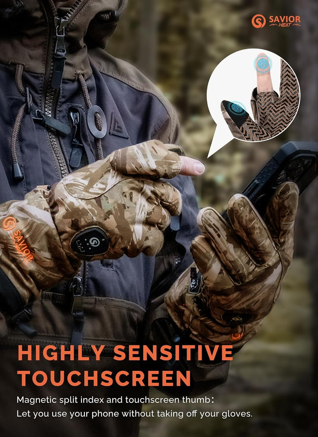 Upgraded Heated Gloves for Hunting, 11H Type-C Camo Waterproof Electric Gloves for Men & Women Duck Hunting