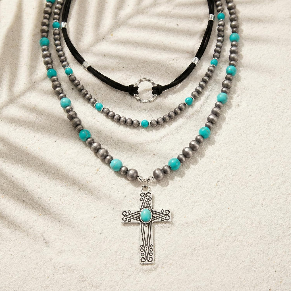 Western Necklaces for Women, Bohemian Style Turquoise Layered Pendant Set, Three Piece Jewelry Collection with Adjustable Length, Western Fashion Accessories for Casual Wear and Special Occasions