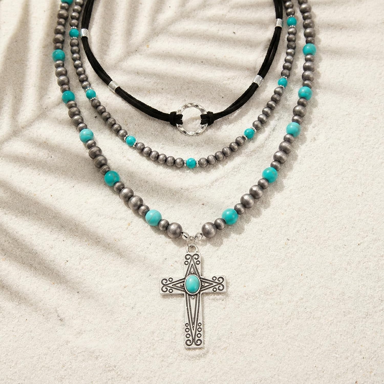 Western Necklaces for Women, Bohemian Style Turquoise Layered Pendant Set, Three Piece Jewelry Collection with Adjustable Length, Western Fashion Accessories for Casual Wear and Special Occasions