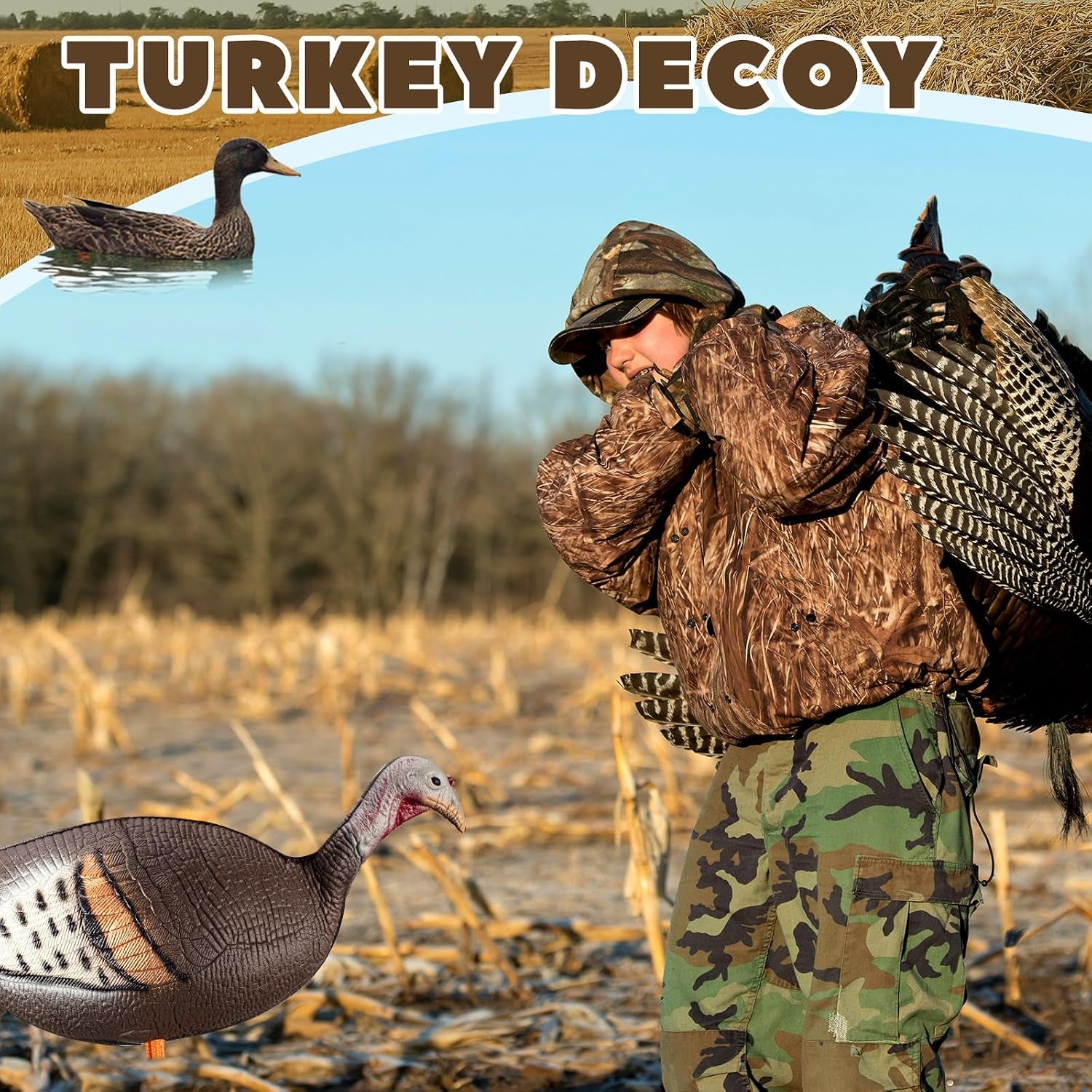 Collapsible Turkey Decoys for Hunting Lookout Standing Lifelike Lightweight Realistic Hunting Turkey Decoy Hen with Stake for Field, Forest, Wood, Ground, Outdoor, 13.4 X 5.5 X 6.7 Inches