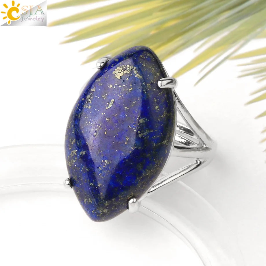 CSJA Crystal Rings Natural Stone Ring for Women Men Adjustable Healing Pink Quartz Lapis Lazuli Opal Turquoise Finger Rings G574