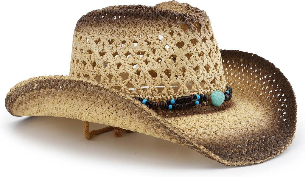 Straw Sun Cowboy Hat for Women and Men, Breathable Concert Rodeo Western Cowgirl Hat, Classic Cattleman Style