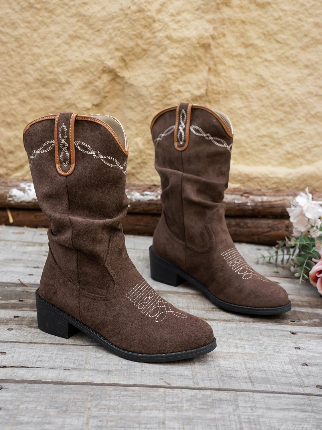 Wrenna | Faux Leather Western Cowboy Boots with Pointed Toe and Mid-Calf Rustic Design | Women’S Boots