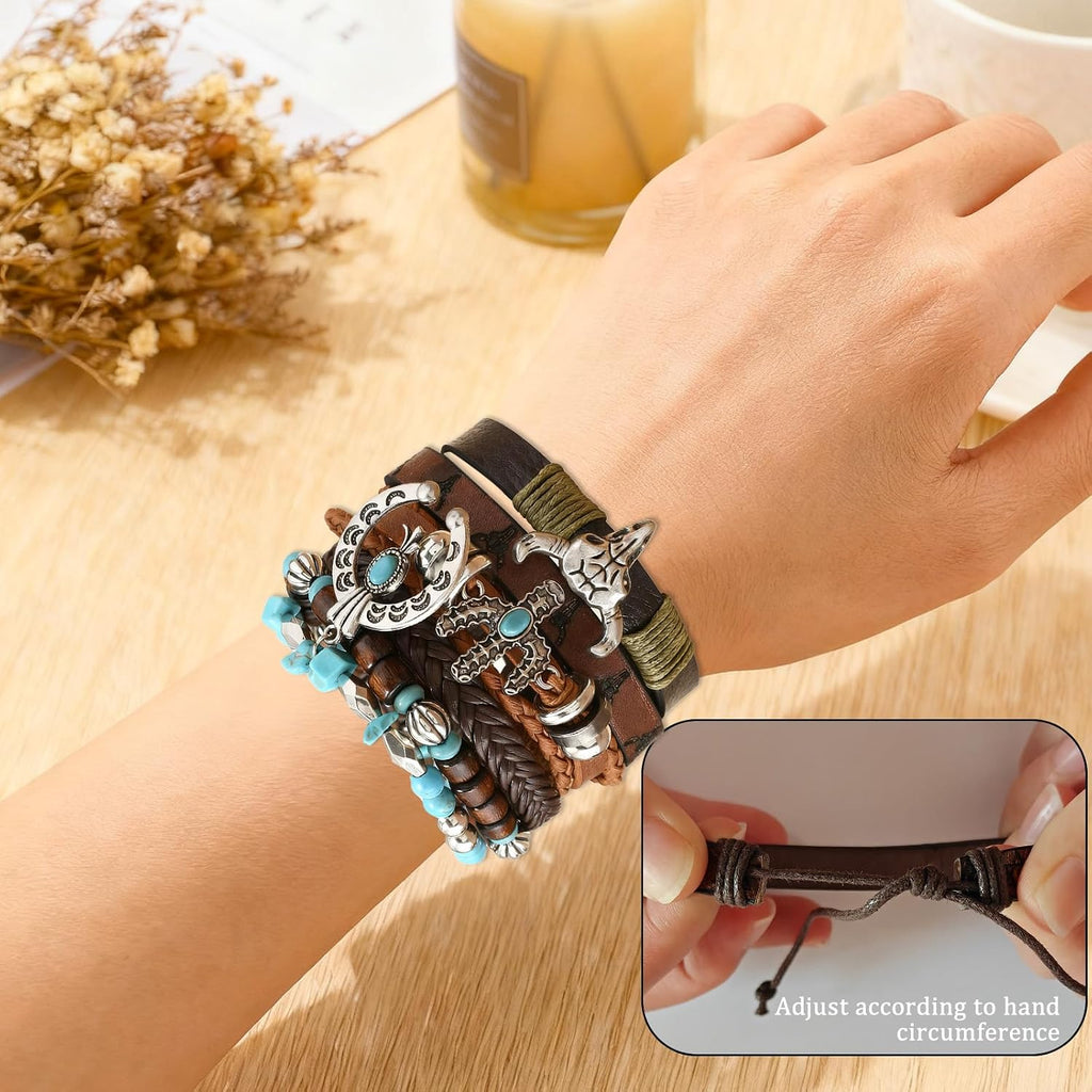 Western Bracelet for Women,Bohemian Cowgirl Turquoise Beaded Stretch Bracelets,Vintage Stackable Bull Head Cowboy Boots Feather Bracelets Set,Country Ethnic Western Jewelry Accessories for Women Men
