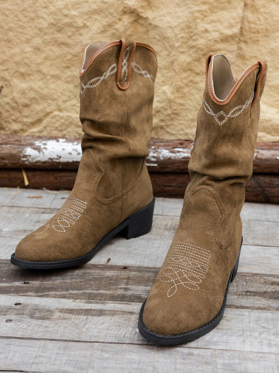 Wrenna | Faux Leather Western Cowboy Boots with Pointed Toe and Mid-Calf Rustic Design | Women’S Boots
