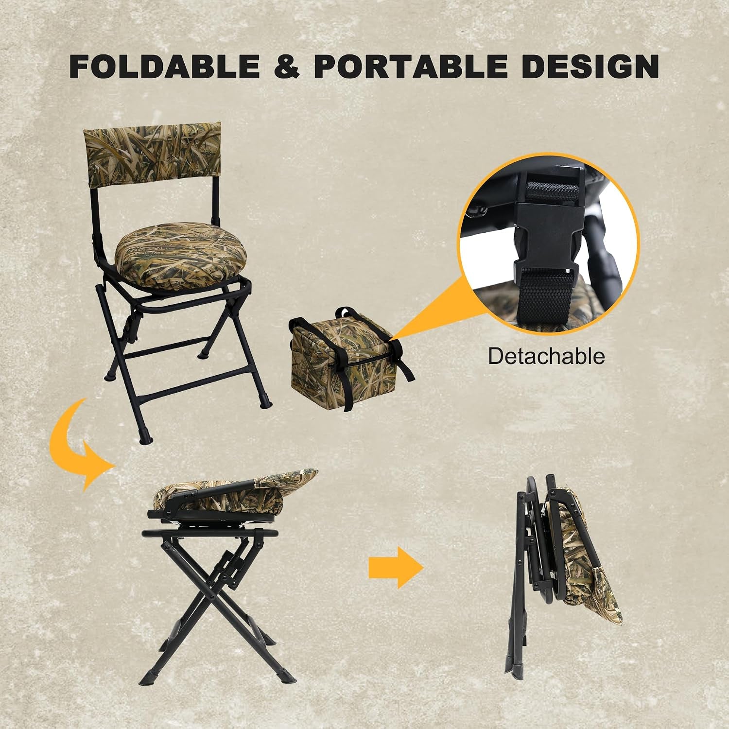 360 Degree Swivel Hunting Chair for Ground Blinds, Folding Hunting Seat, Fishing Chair, Lightweight, Portable, Padded Cushion for Dove Deer Hunting, Fishing, Camping(No. 3 Reed Camo)