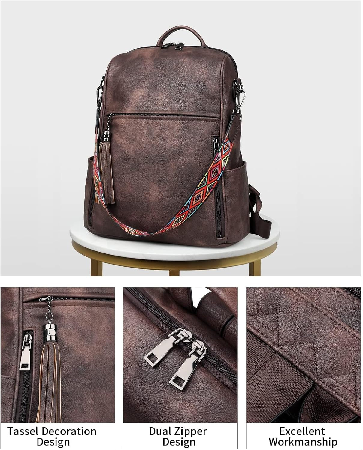 Leather Backpack Purse for Women Designer Travel Backpack Purses PU Fashion Ladies Shoulder Bag with Tassel Coffee