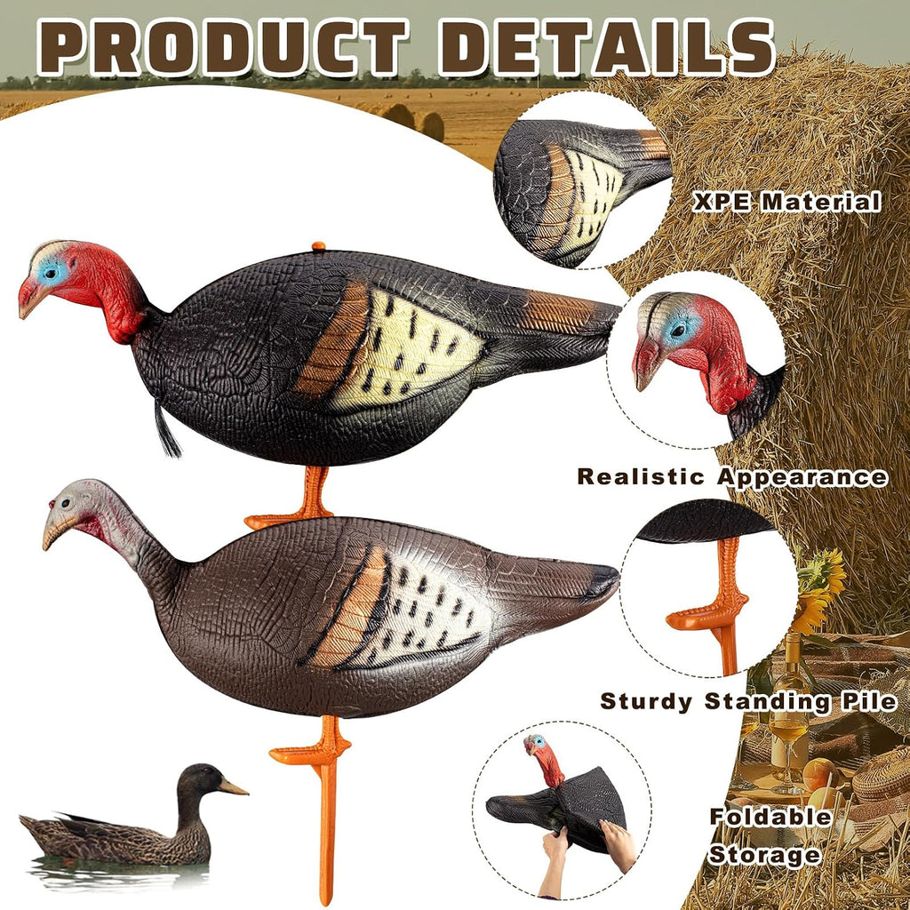 Collapsible Turkey Decoys for Hunting Lookout Standing Lifelike Lightweight Realistic Hunting Turkey Decoy Hen with Stake for Field, Forest, Wood, Ground, Outdoor, 13.4 X 5.5 X 6.7 Inches