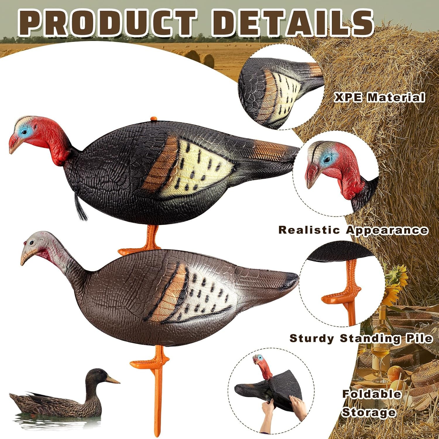 Collapsible Turkey Decoys for Hunting Lookout Standing Lifelike Lightweight Realistic Hunting Turkey Decoy Hen with Stake for Field, Forest, Wood, Ground, Outdoor, 13.4 X 5.5 X 6.7 Inches