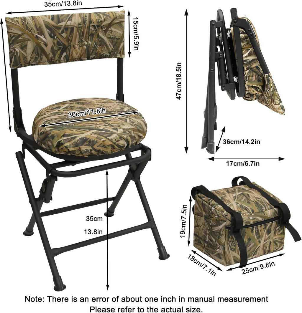360 Degree Swivel Hunting Chair for Ground Blinds, Folding Hunting Seat, Fishing Chair, Lightweight, Portable, Padded Cushion for Dove Deer Hunting, Fishing, Camping(No. 3 Reed Camo)