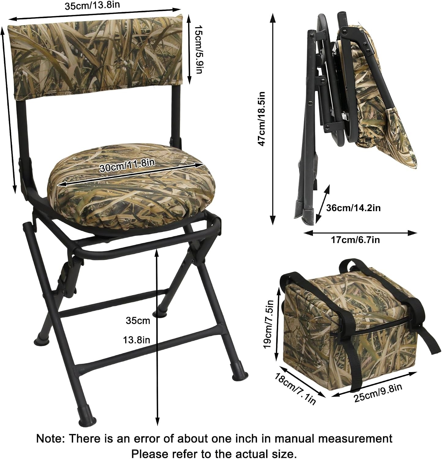 360 Degree Swivel Hunting Chair for Ground Blinds, Folding Hunting Seat, Fishing Chair, Lightweight, Portable, Padded Cushion for Dove Deer Hunting, Fishing, Camping(No. 3 Reed Camo)