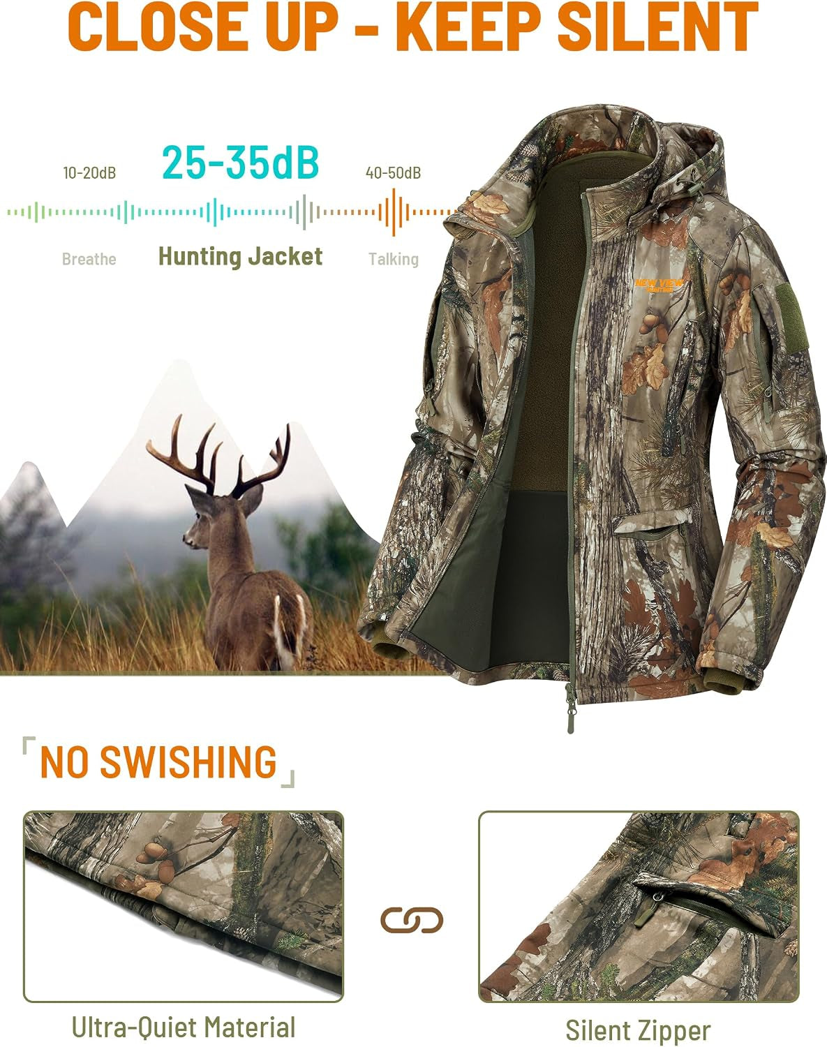 Womens Hunting Clothes, Upgraded Ultra-Quiet Water Resistant Camo Hunting Jacket for Duck Waterfowl Deer Hunting