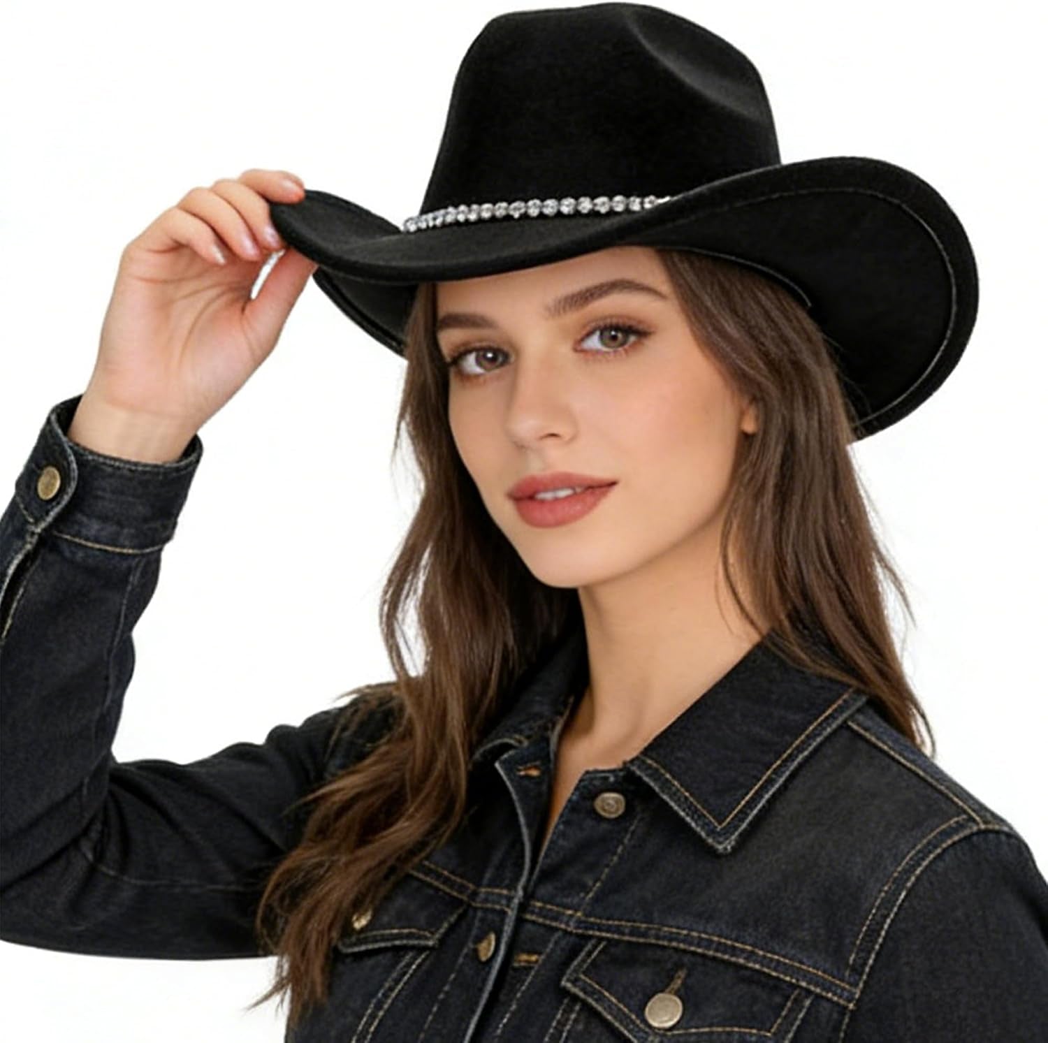 Women Sparkly-Rhinestone Western-Cowgirl-Hat Glitter-Bling Cowboy-Hat Felt-Rodeo-Hat for Disco-Party Medium/Large