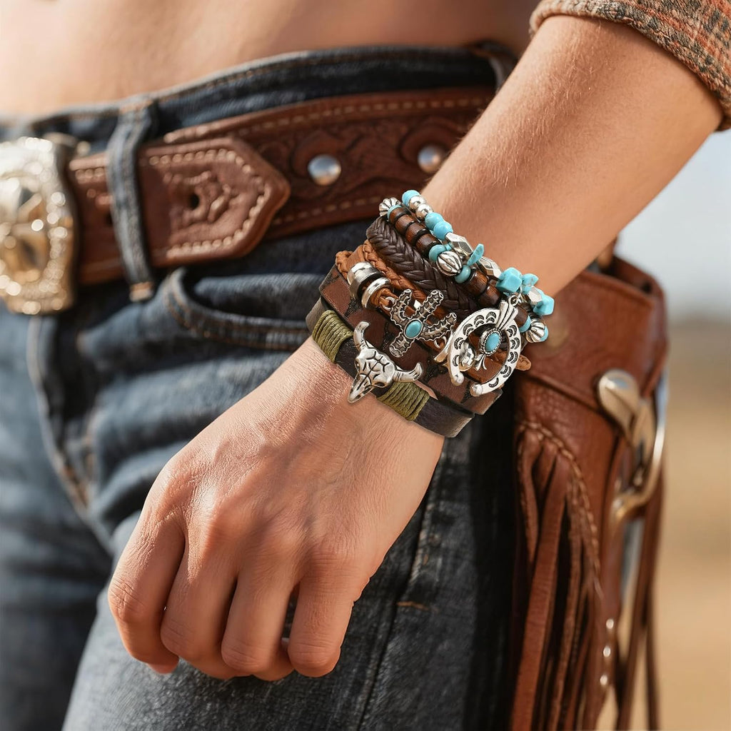 Western Bracelet for Women,Bohemian Cowgirl Turquoise Beaded Stretch Bracelets,Vintage Stackable Bull Head Cowboy Boots Feather Bracelets Set,Country Ethnic Western Jewelry Accessories for Women Men