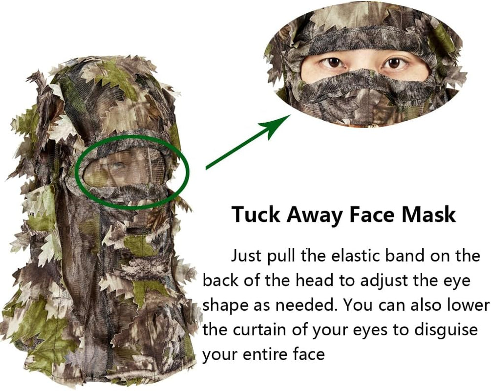 Hunting Camo Mask Full Face Covering, Ghillie Camouflage 3D Leafy Headwear Breathable Adjustable
