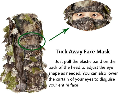 Hunting Camo Mask Full Face Covering, Ghillie Camouflage 3D Leafy Headwear Breathable Adjustable